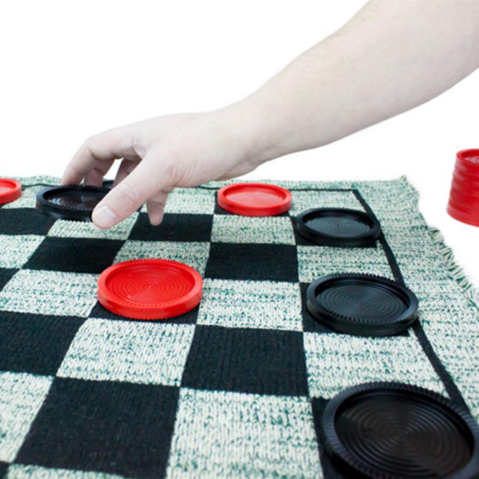 Giant 3-In-1 Checkers & Mega Tic Tac Toe Reversible Rug Person Playing