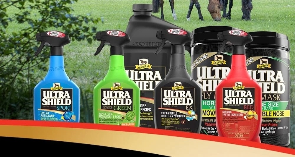 Absorbine Ultra Shield rewards pages image of horses in a field with Ultra Shield line in front2023