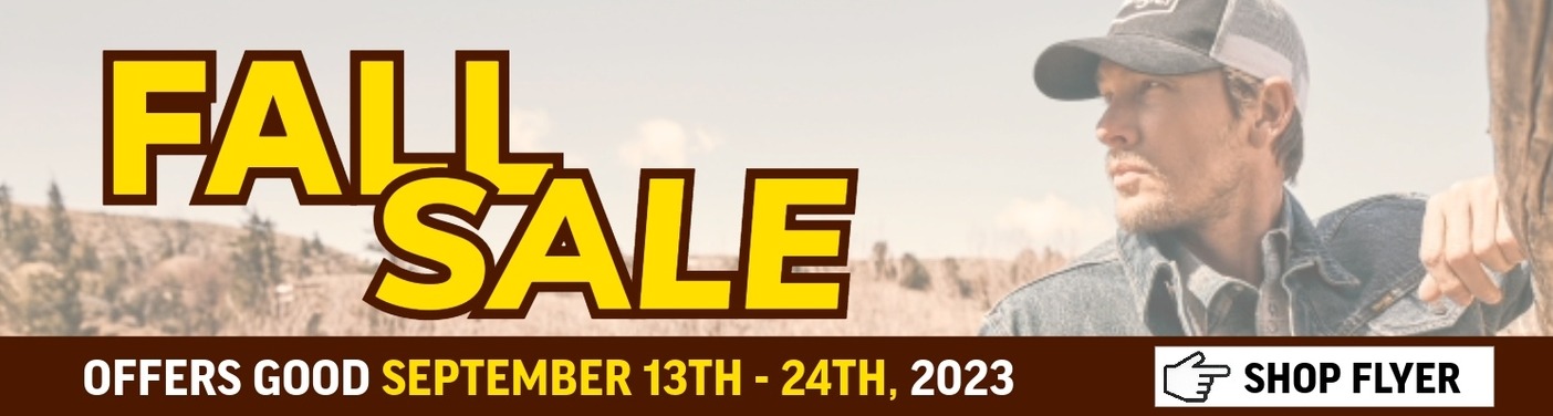 FALL SALE AD FLYER WITH A MAN STANDING NEXT TO A FENCE