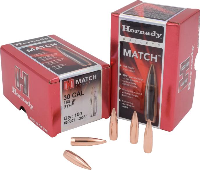Hornady 30 Cal .308 168 gr BTHP Match Bullets