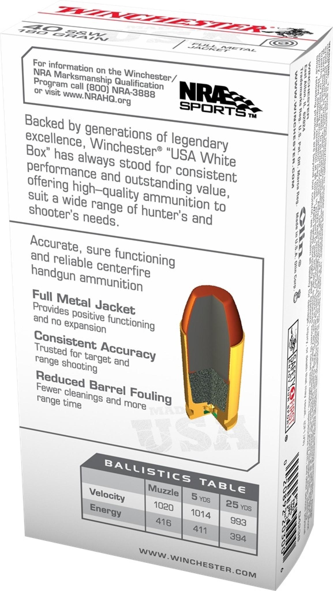 Winchester USA 40 S&W 180 Grain Full Metal Jacket