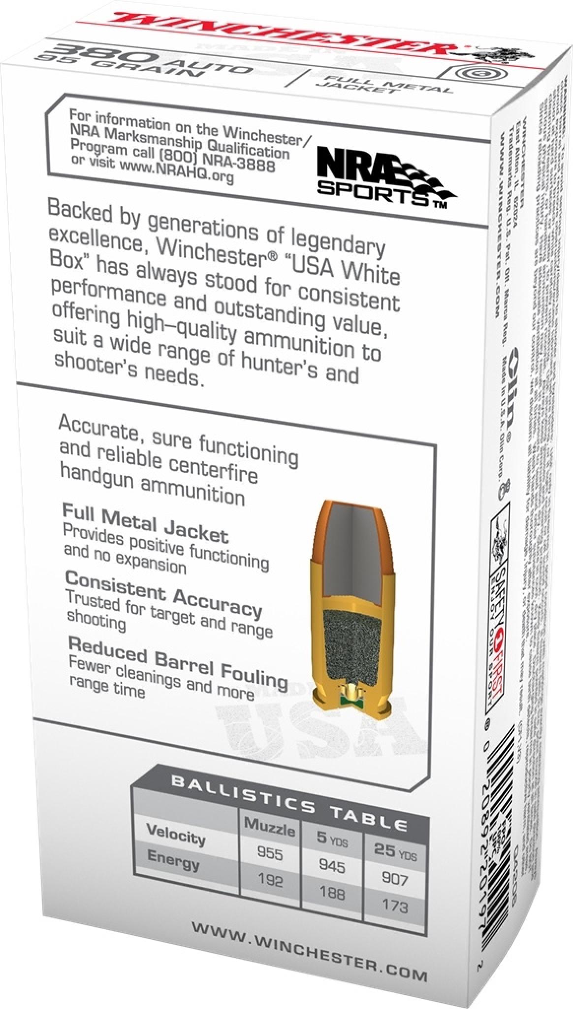 Winchester USA 380 ACP 95 Grain Full Metal Jacket
