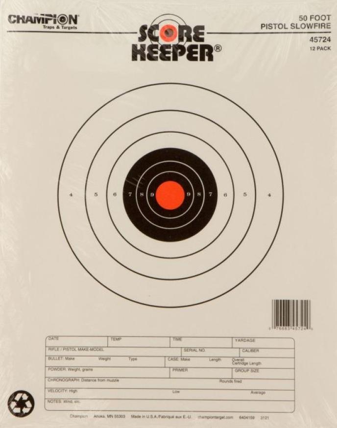 Champion Scorekeeper 50 Foot Pistol Slow Fire Paper Target Orange Bull 12 Pack