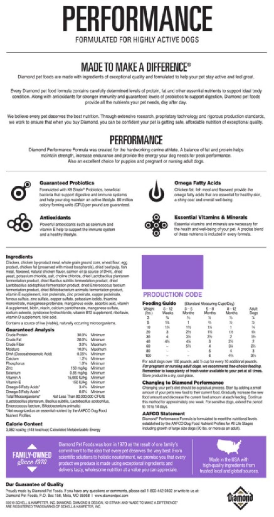 Diamond Performance Formula Adult Dry Dog Food Back