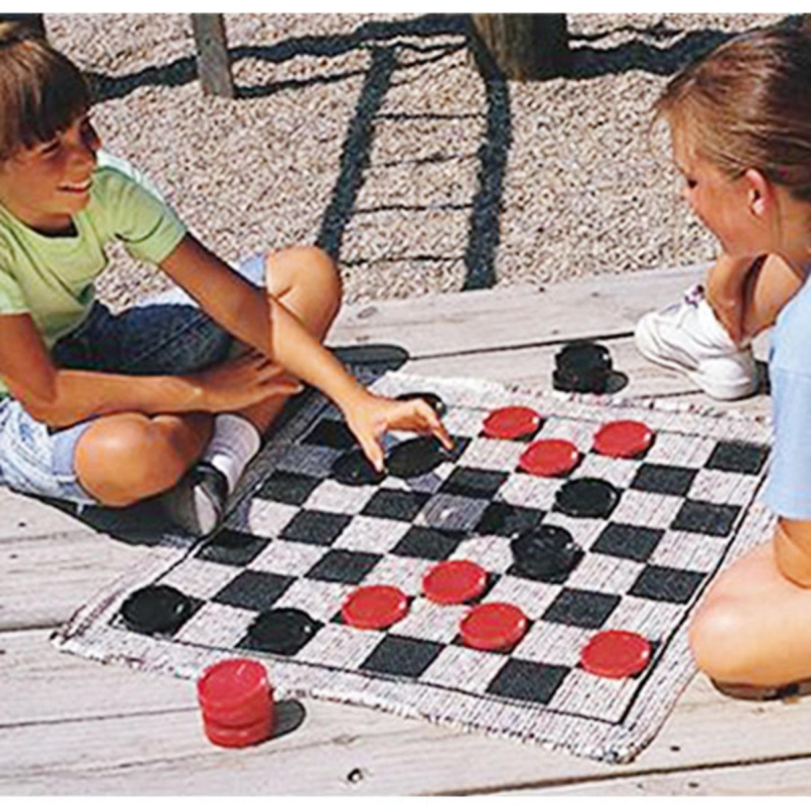 Giant 3-In-1 Checkers & Mega Tic Tac Toe Reversible Rug Kids Playing