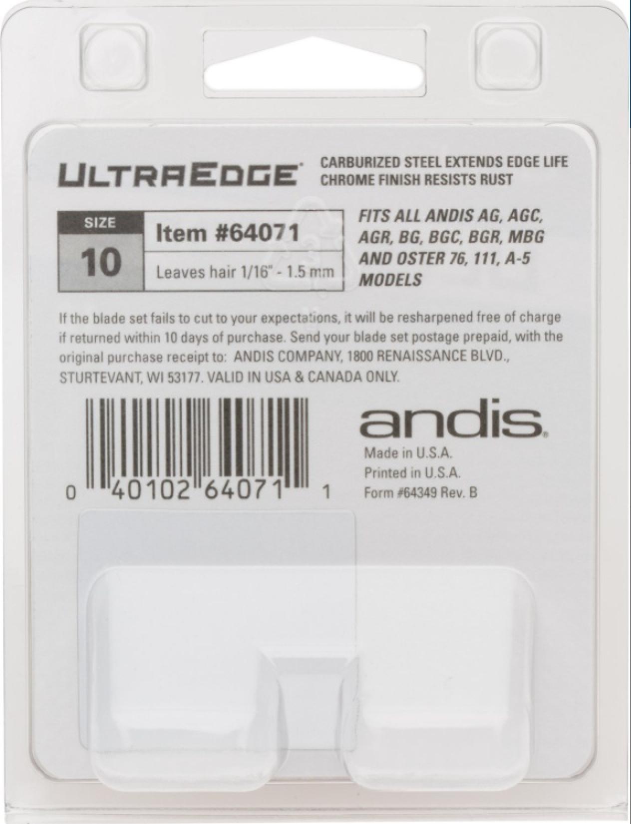 Andis UltraEdge Detachable Blade #10 Back of Package