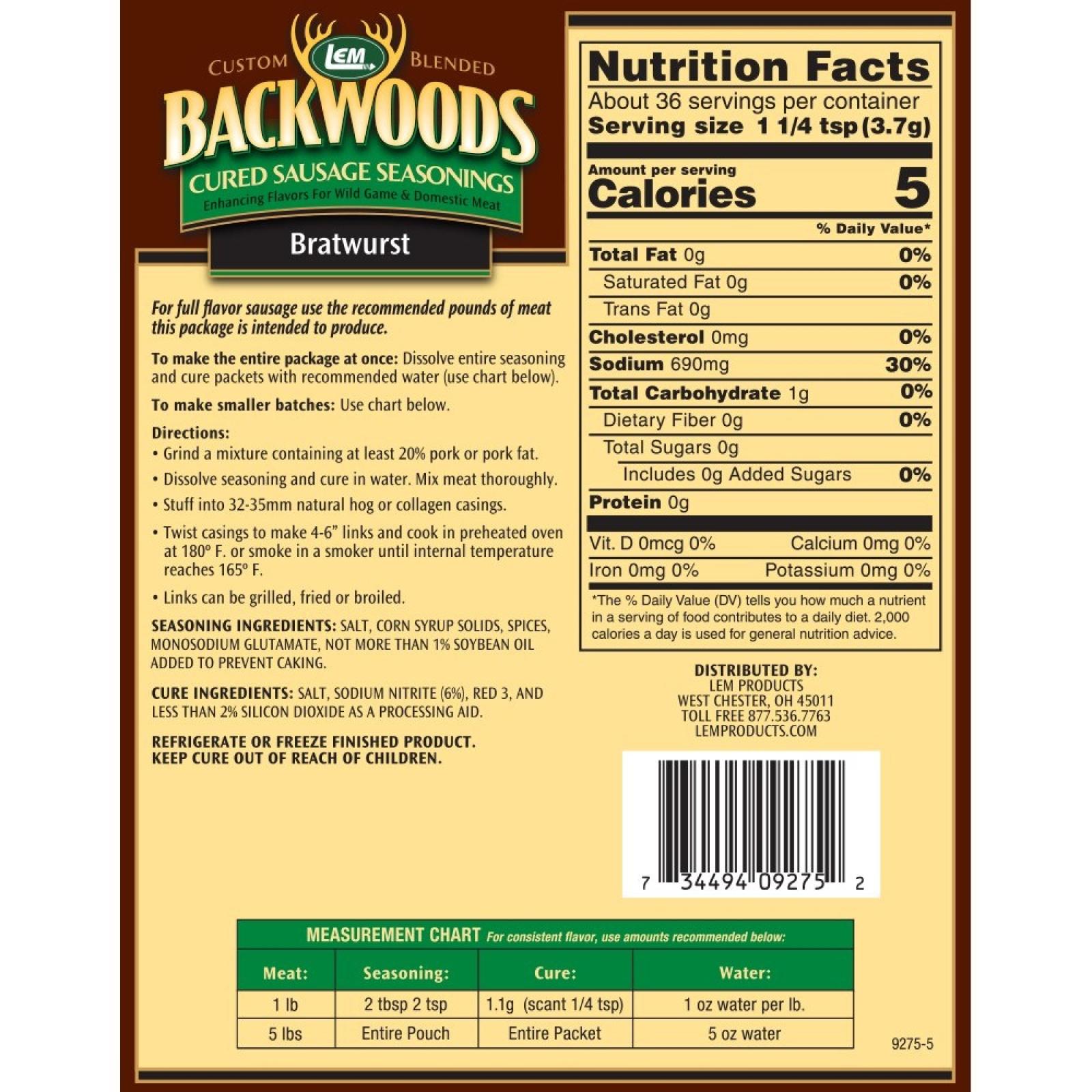 LEM Backwoods Bratwurst Cured Sausage Seasonings 5lbs