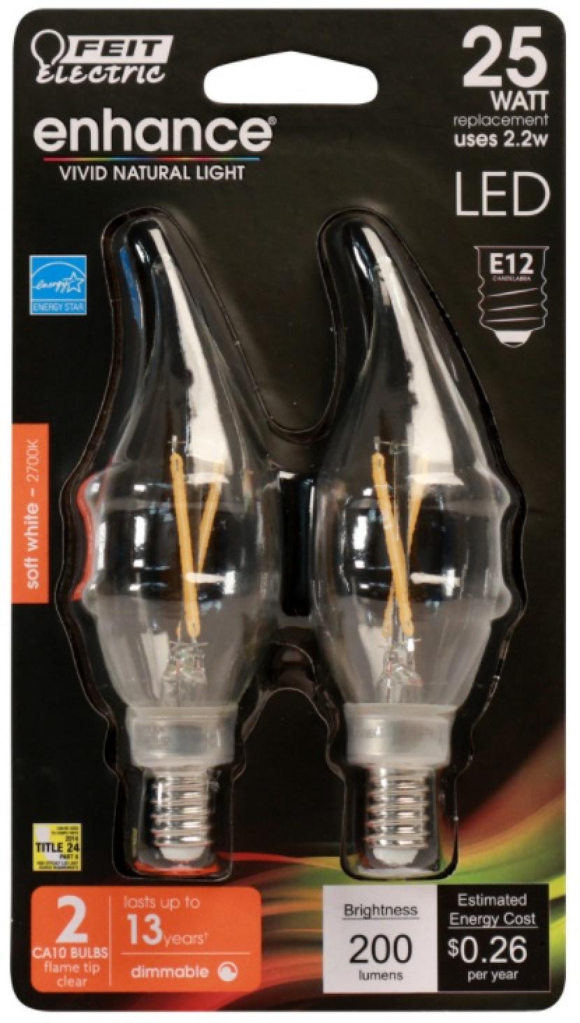 Feit Electric LED 25 Watt Equivalent 200 Lumen Candelabra Dimmable Flame Tip Light Bulb (2 Pack)