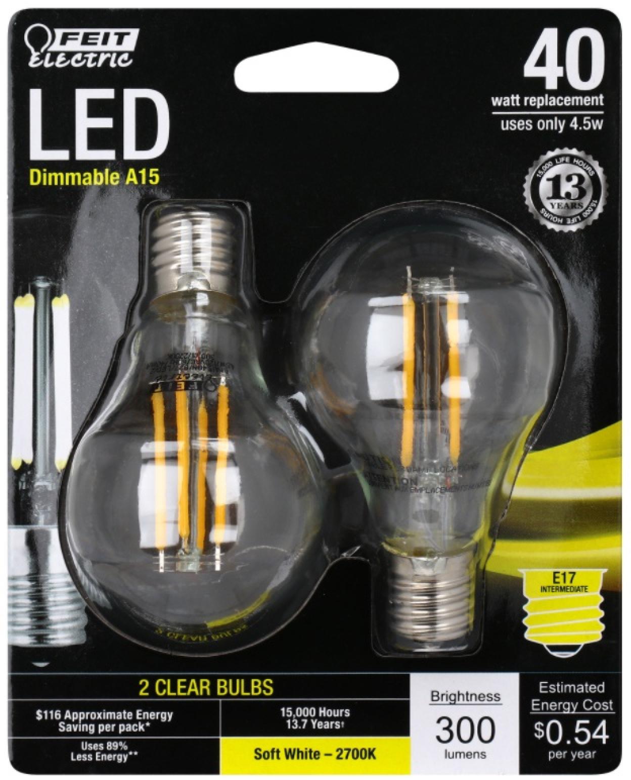 Feit Electric LED 40 Watt Equivalent 300 Lumen A15 Soft White Dimmable Candelabra Light Bulb (2-Pack)