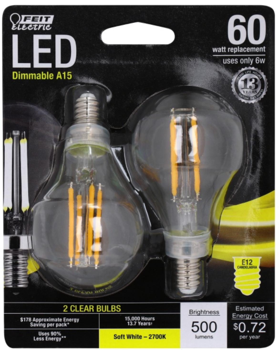 Feit Electric LED 60-Watt Equivalent 500 Lumens A15 Dimmable Soft White Candelabra Light Bulb (2-Pack)