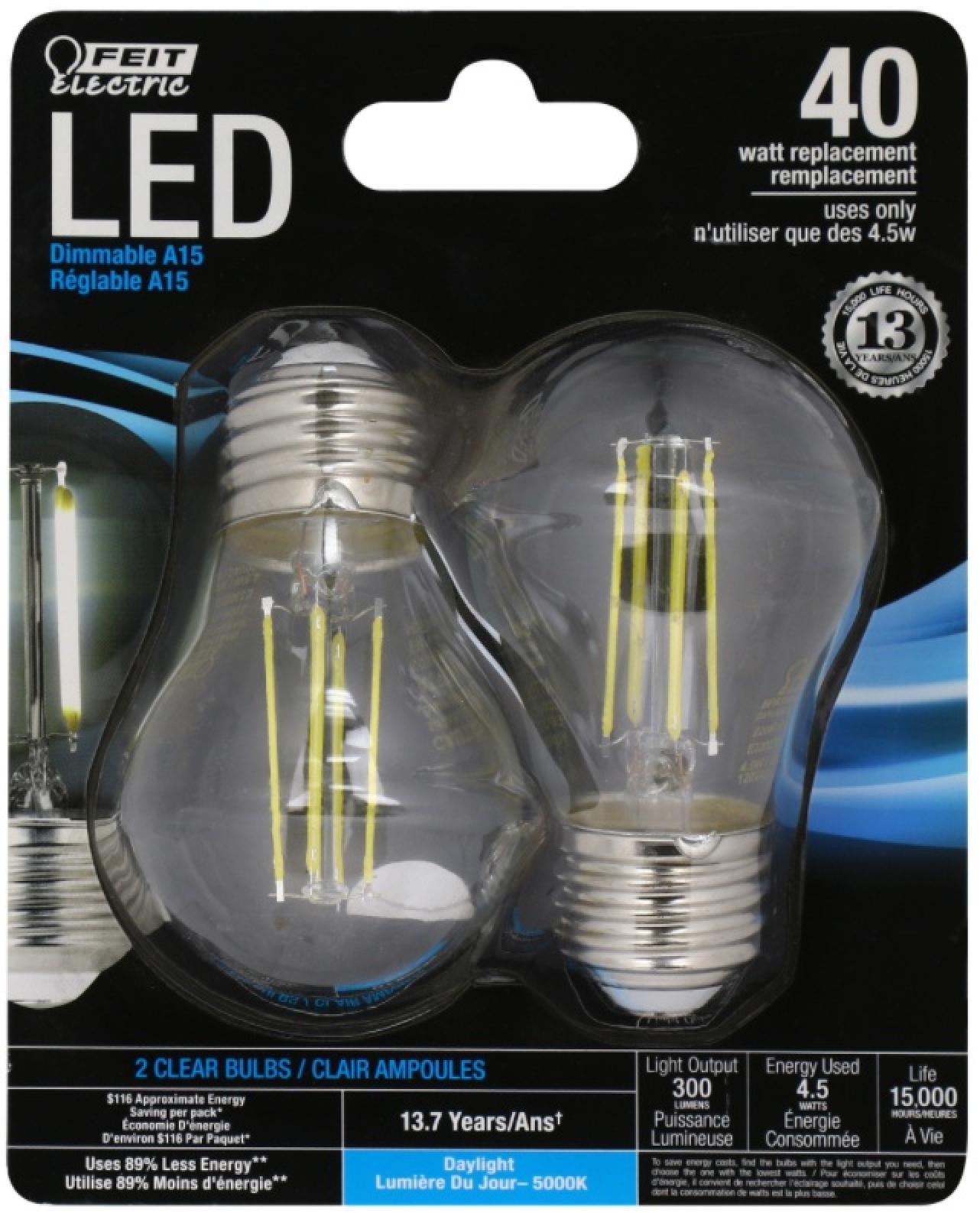 Fiet Electric LED 40 Watt Equivalent 300 Lumen A15 Daylight Dimmable Light Bulb (2 Pack)