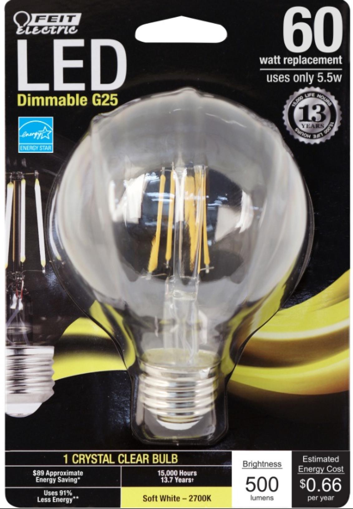 Feit Electric LED 60 Watt Equivalent 500 Lumen G25 Dimmable Light Bulb