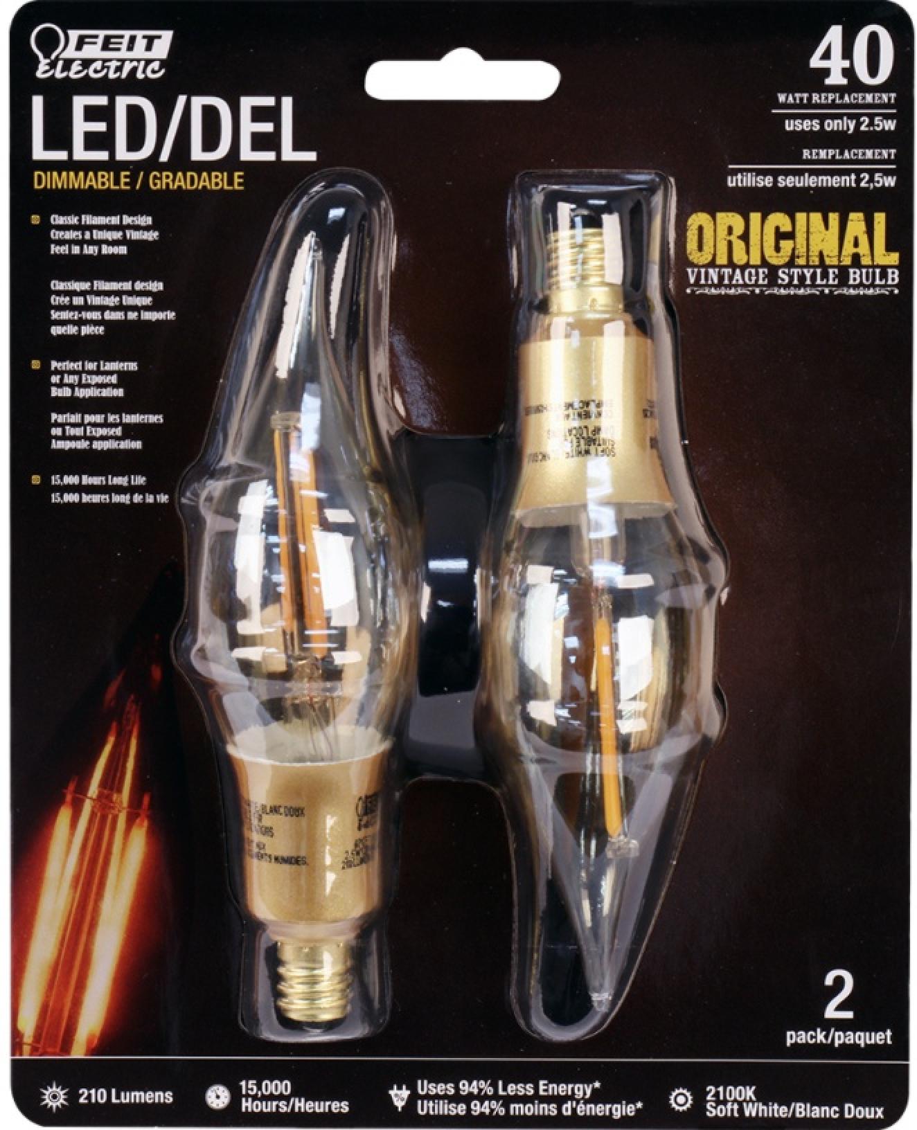 Feit Electric LED 40 Watt Equivalent 210 Lumen Dimmable Vintage Style Candelabra Light Bulb (2 Pack)