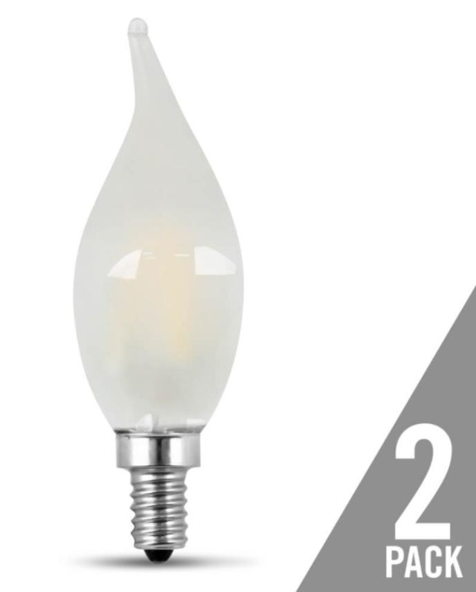 Feit Electric LED 60 Watt Equivalent 500 Lumen Candelabra Dimmable Flame Tip Light Bulb (2 Pack)