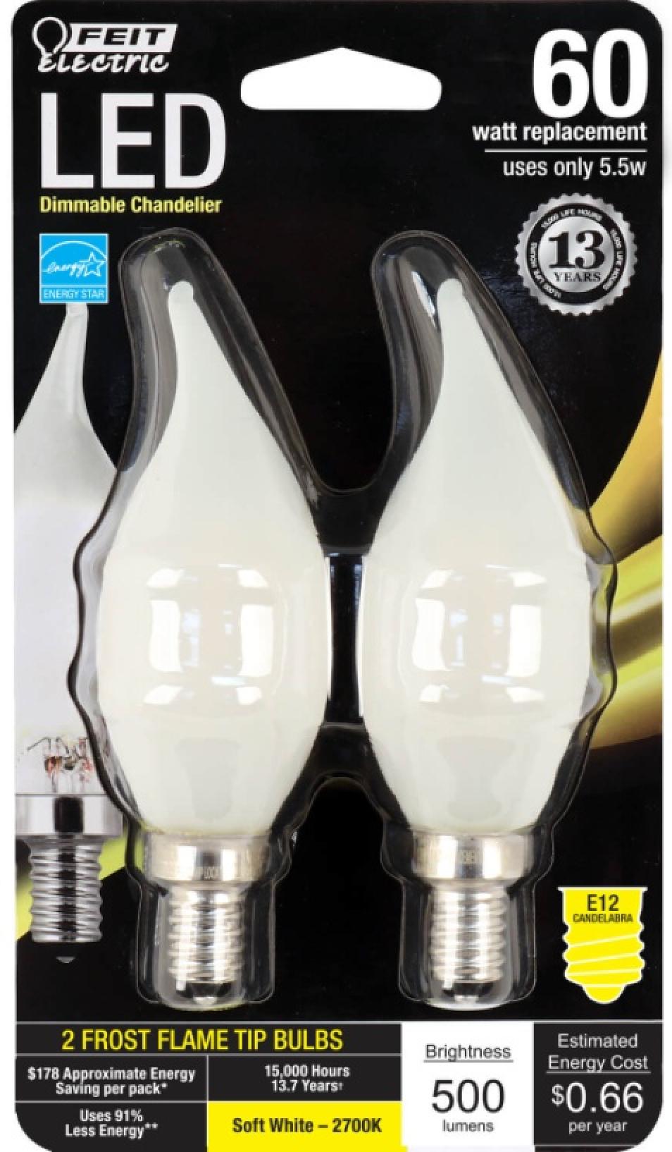 Feit Electric LED 60 Watt Equivalent 500 Lumen Candelabra Dimmable Flame Tip Light Bulb (2 Pack)