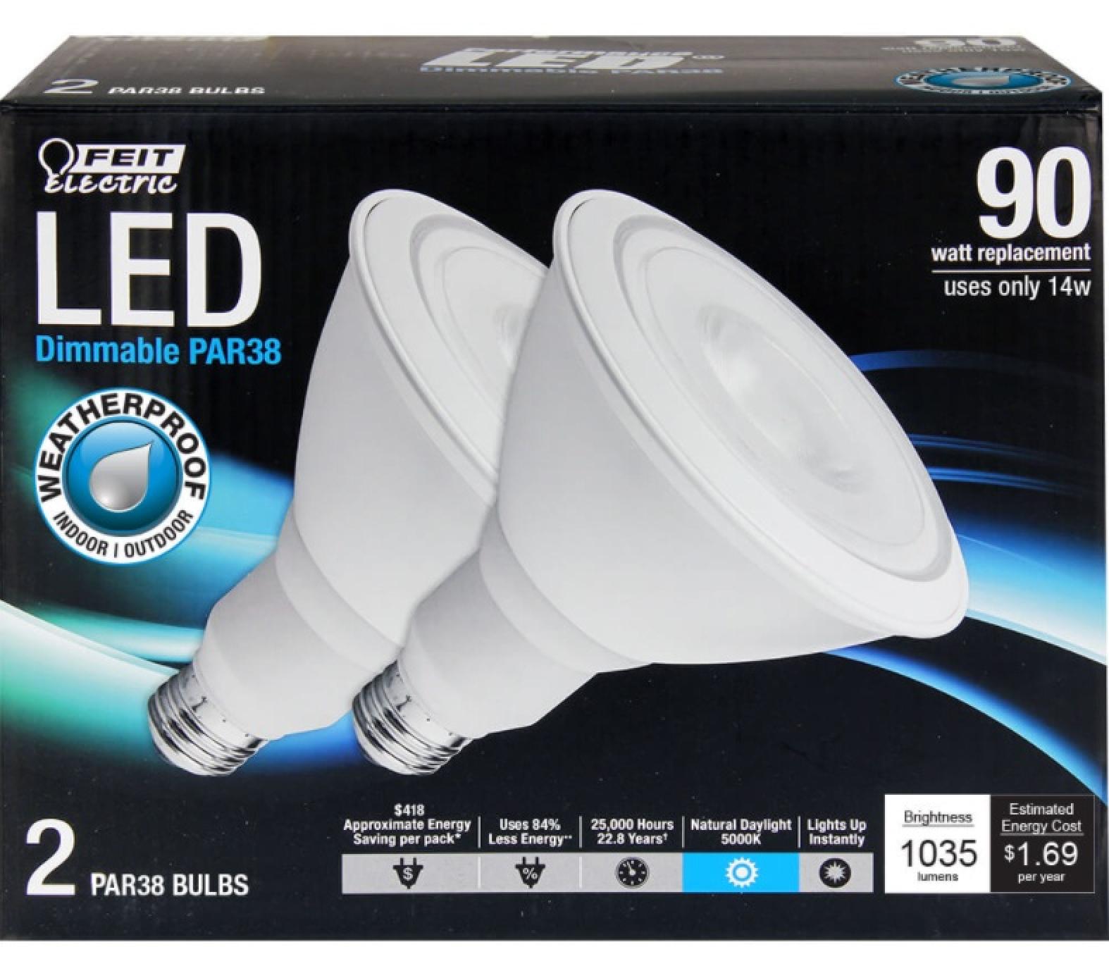 Feit Electric LED 90 Watt Equivalent 1035 Lumen Weatherproof PAR38 Dimmable Light Bulb (2 Pack)
