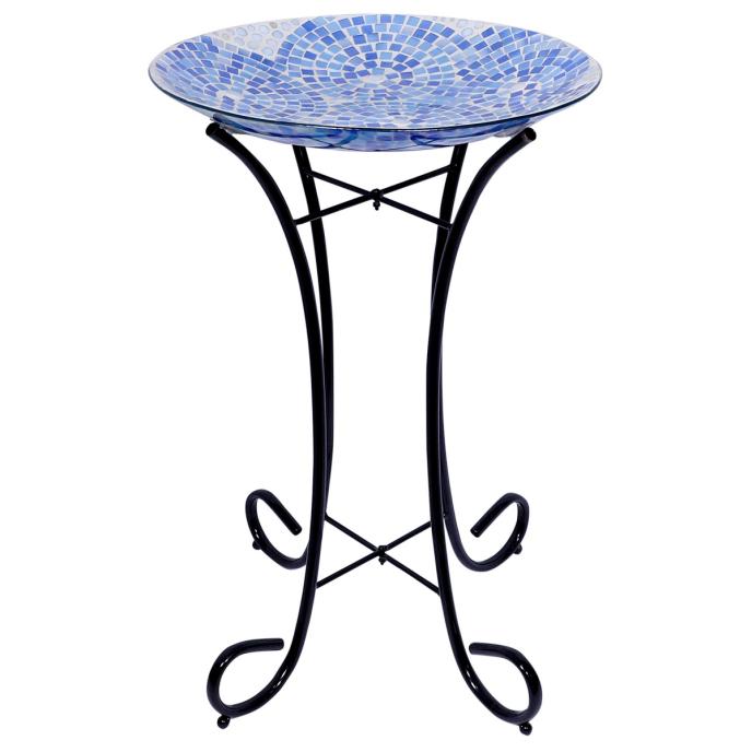 content/products/Alpine 18" Blue Swirl Mosaic Glass Birdbath with Metal Stand