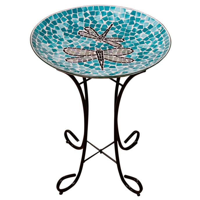 content/products/Alpine 18" Dragonfly Duo Mosaic Glass Birdbath with Metal Stand