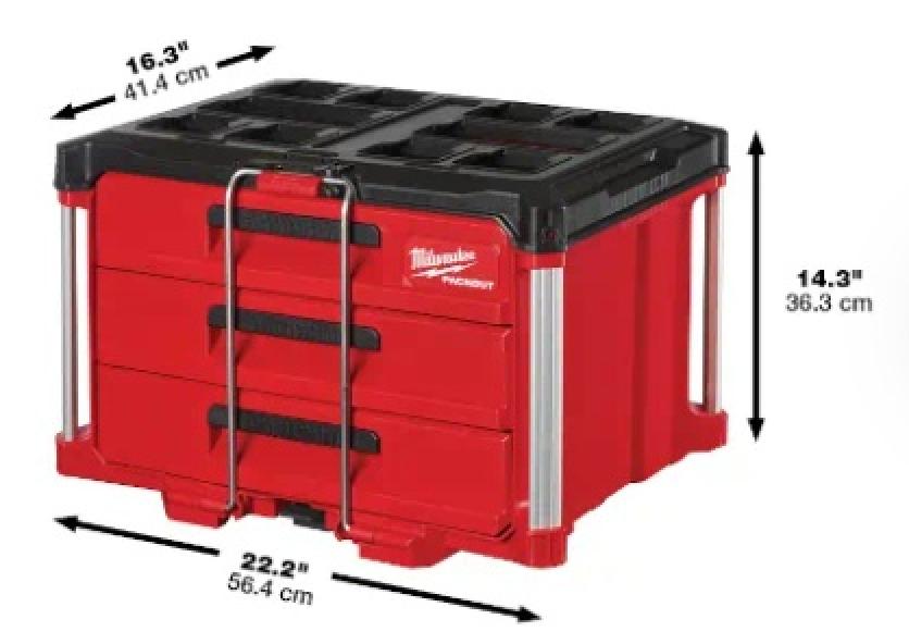 Milwaukee PACKOUT™ 3-Drawer Tool Box with Dimensions