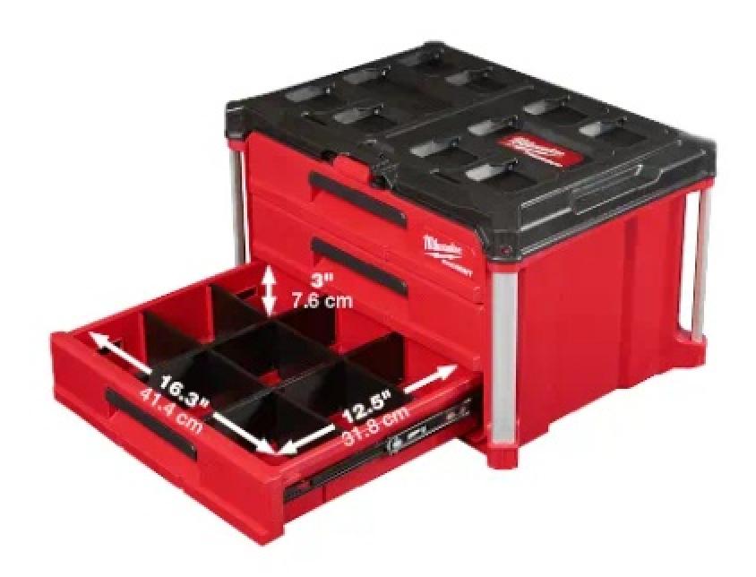 Milwaukee PACKOUT™ 3-Drawer Tool Box Open Drawer with Dimensions
