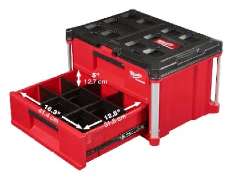 Milwaukee PACKOUT™ 2-Drawer Tool Box Bottom Drawer Open with Measurements