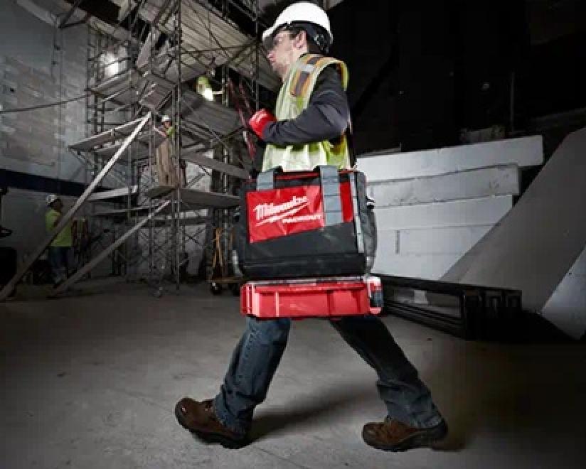 Milwaukee PACKOUT 15" Tool Bag Being Carried with Tool Box Attached to Bottom