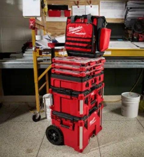 Milwaukee PACKOUT™ Tech Bag on Top of PACKOUT Tool Boxes