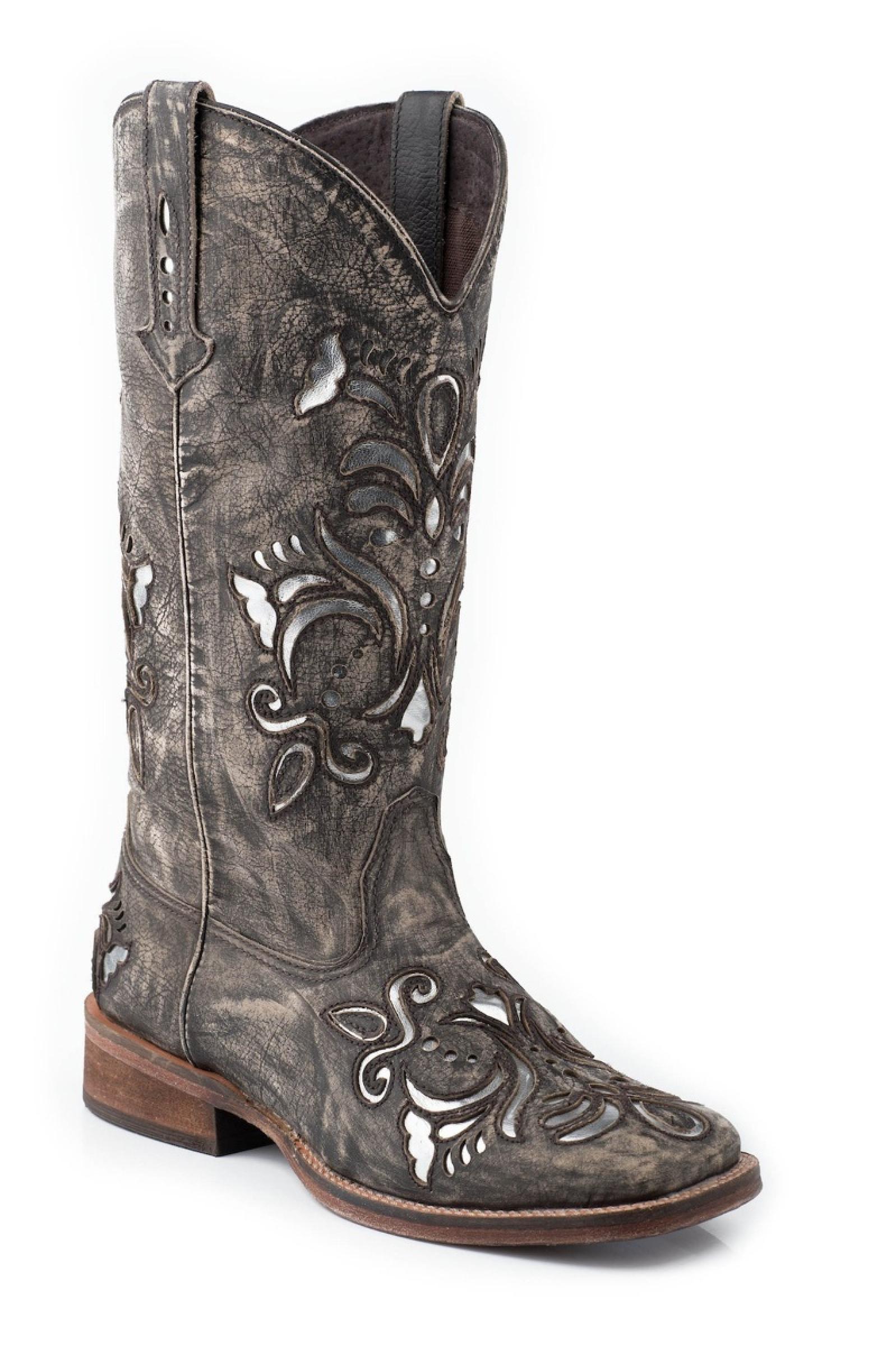 Roper Women's Silver Underlay Square Toe Cowboy Boots