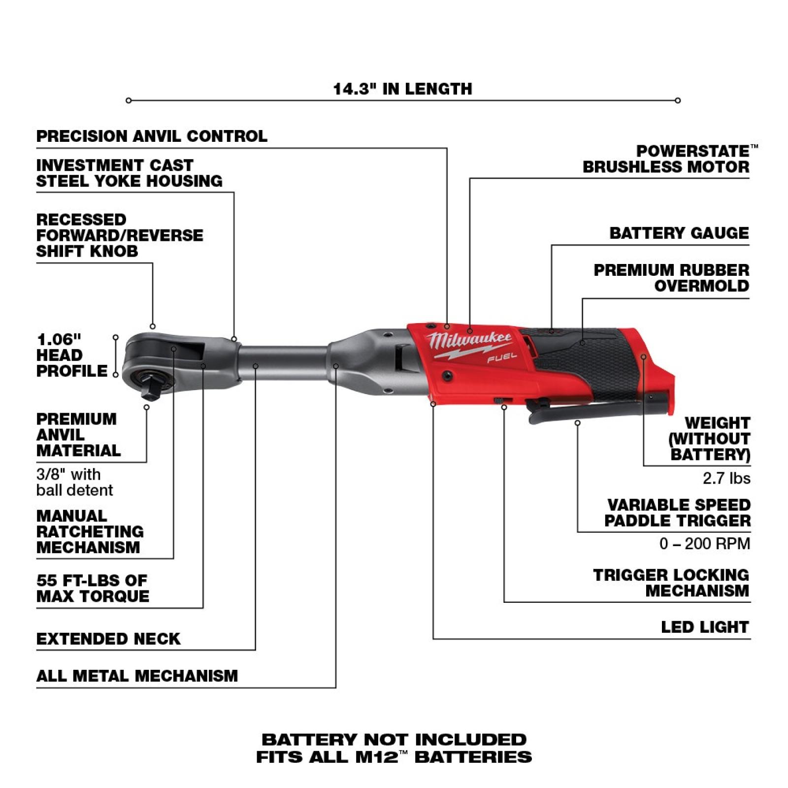 Milwaukee M12 Fuel 3/8" Extended Reach Ratchet (Tool Only)