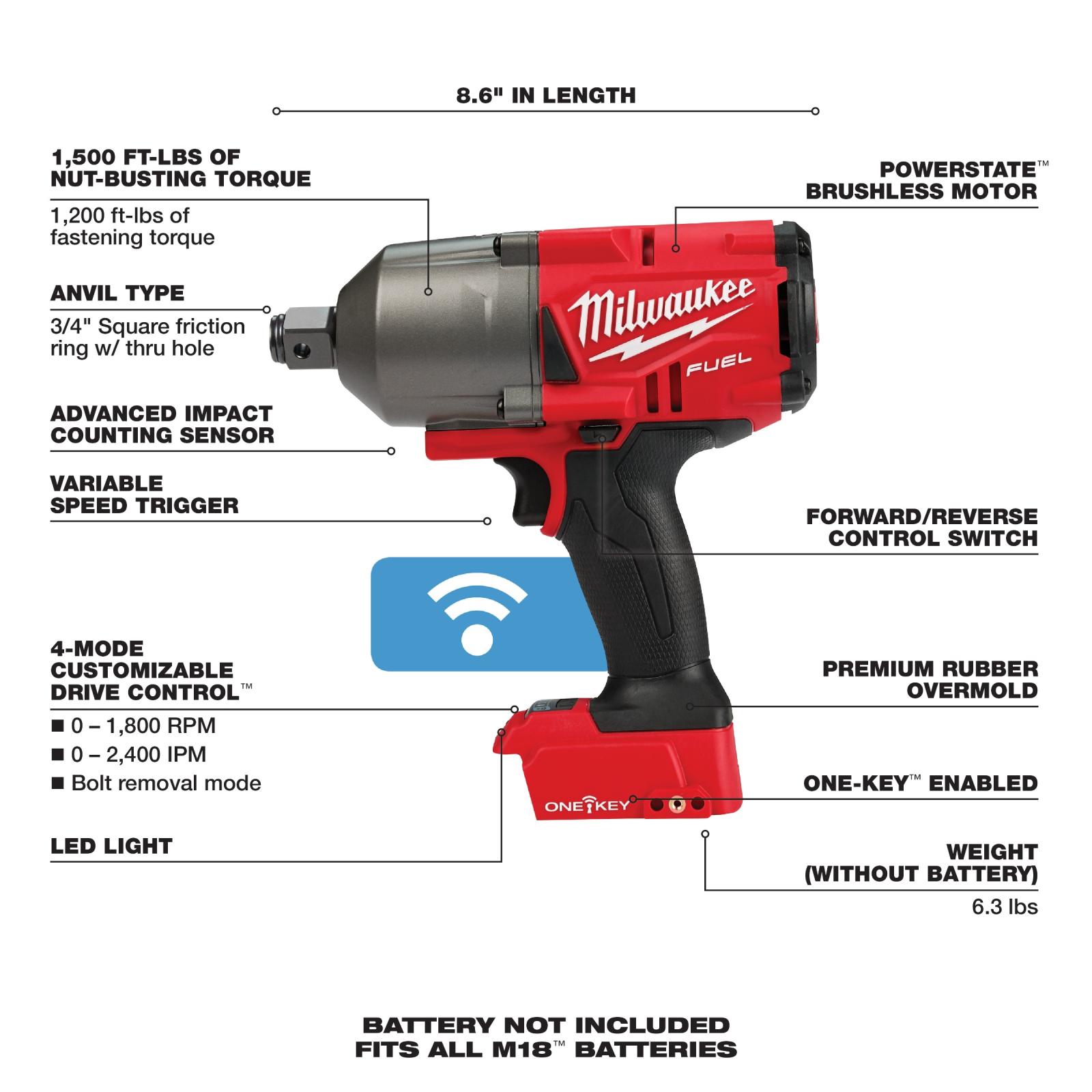 Milwaukee M18 Fuel With ONE-KEY High Torque Impact Wrench 3/4" Friction Ring Bare Tool
