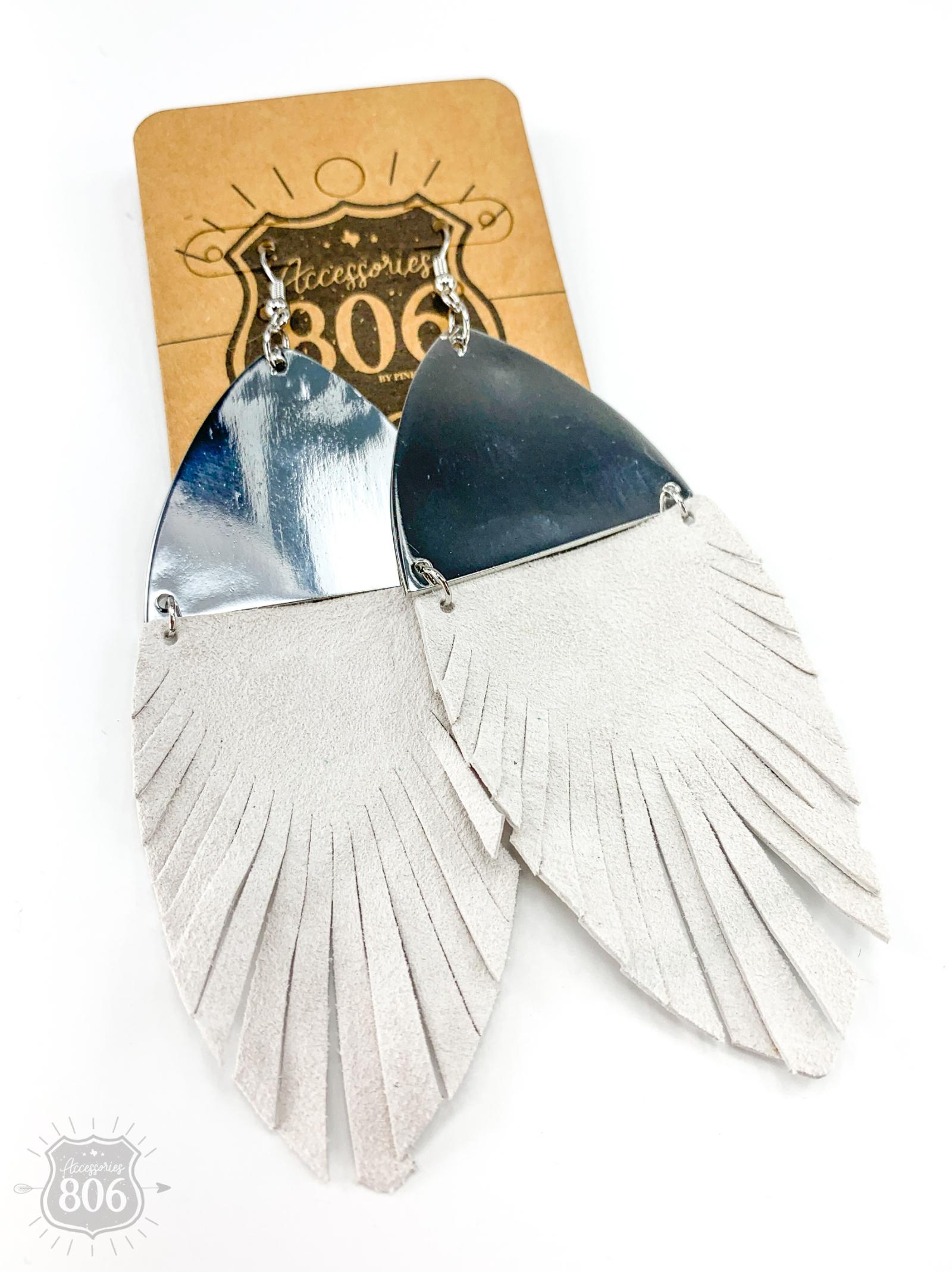 Accessories 806 Silver & White Suede Feather Earrings