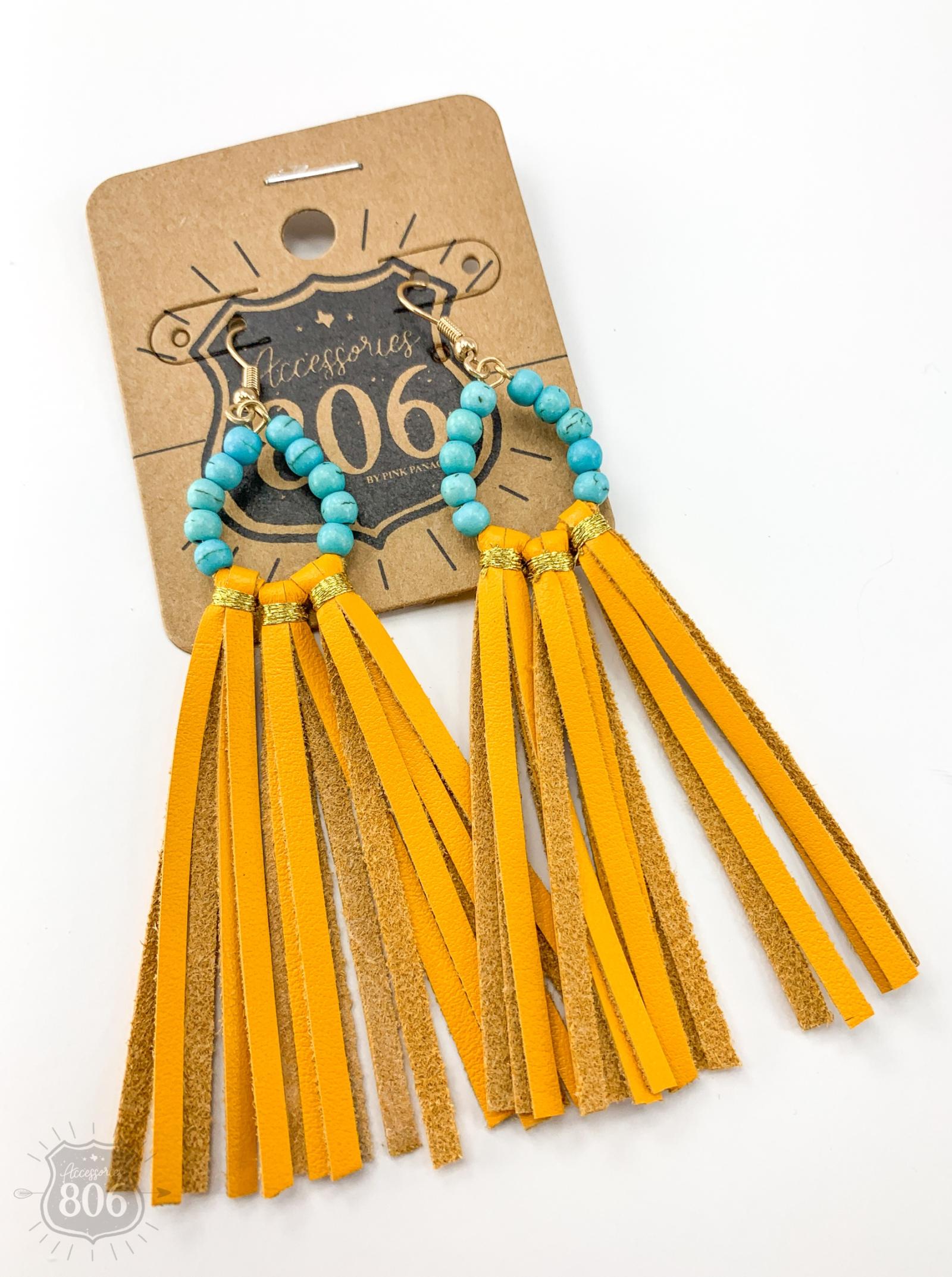 Accessories 806 Turquoise Bead & Mustard Fringe Earrings