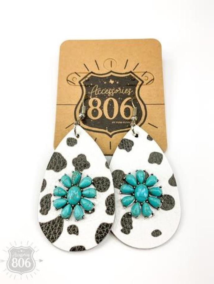 content/products/Accessories 806 Cowprint Turquoise Teardrop Earrings