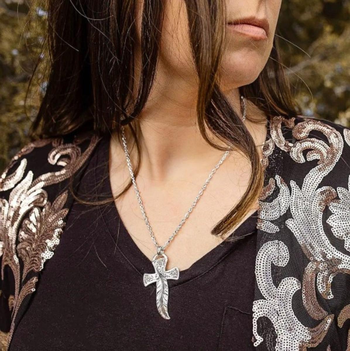 Montana Silversmiths Wind Dancer Feather Cross Necklace on Model