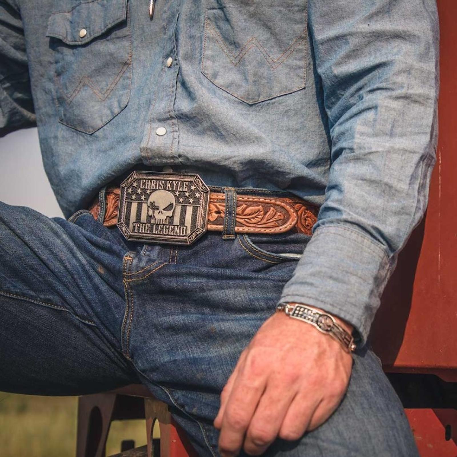 Montana Silversmiths The Legend Chris Kyle Attitude Belt Buckle on Model