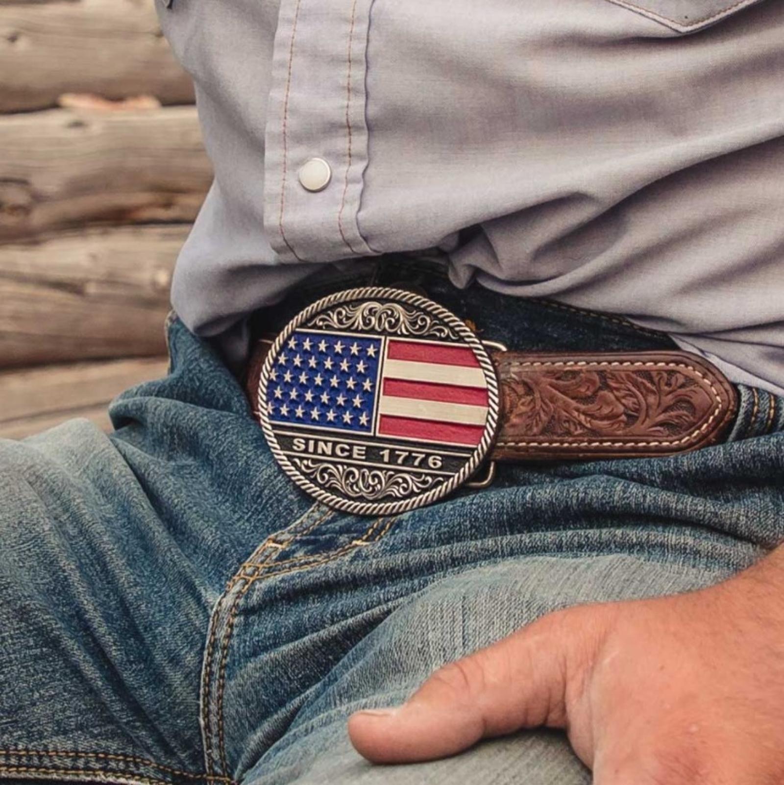 Montana Silversmiths Trimmed Circular American Flag Attitude Belt Buckle on Model