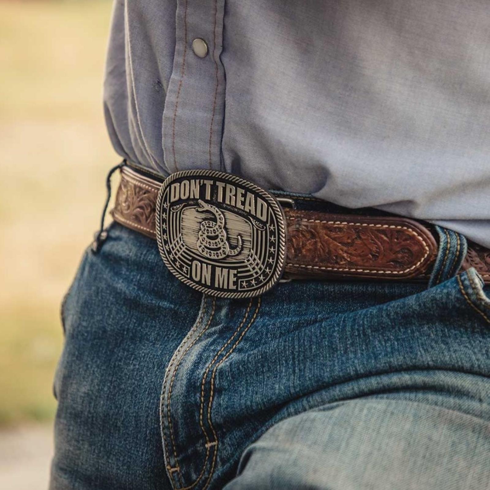 Montana Silversmiths Don't Tread On Me Roped Attitude Buckle on Model