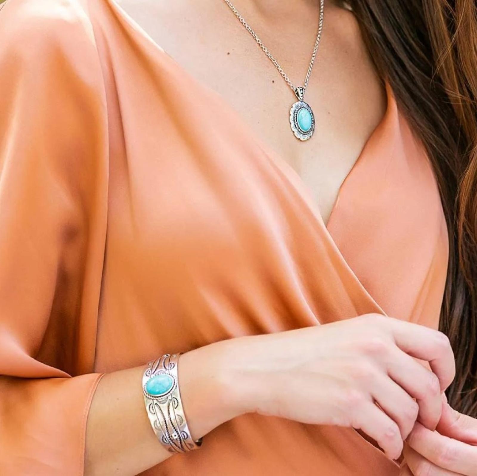 Montana Silversmiths Into the Blue Turquoise Cuff Bracelet on Model