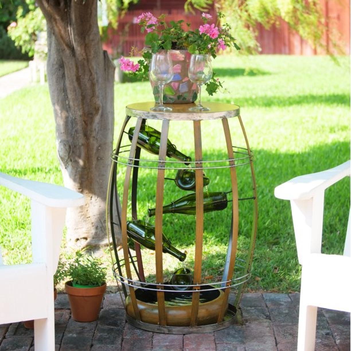 Wine Barrel Table Fountain With Tiered Glass Bottles