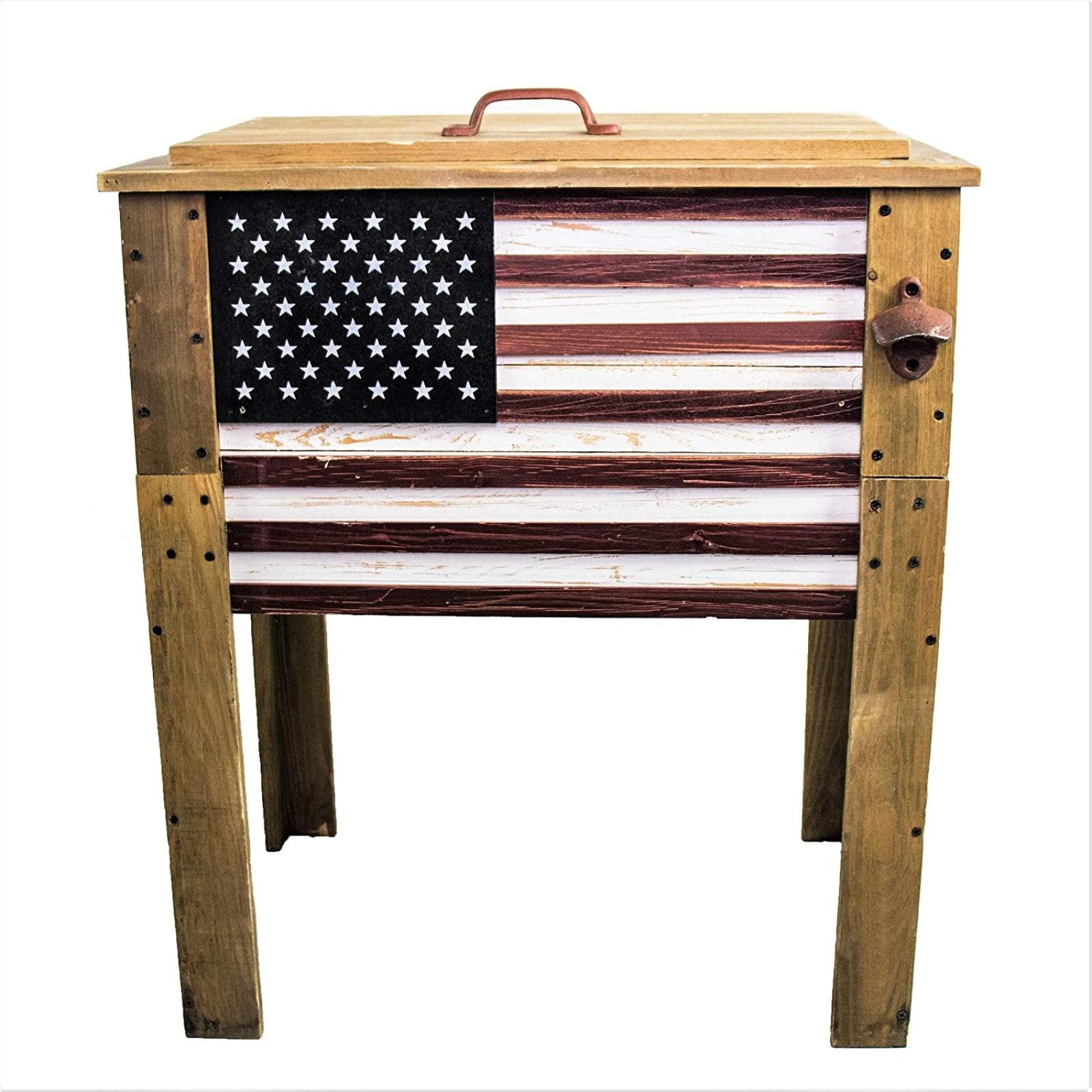 Backyard Expressions Outdoor Patio Wooden American Flag Cooler