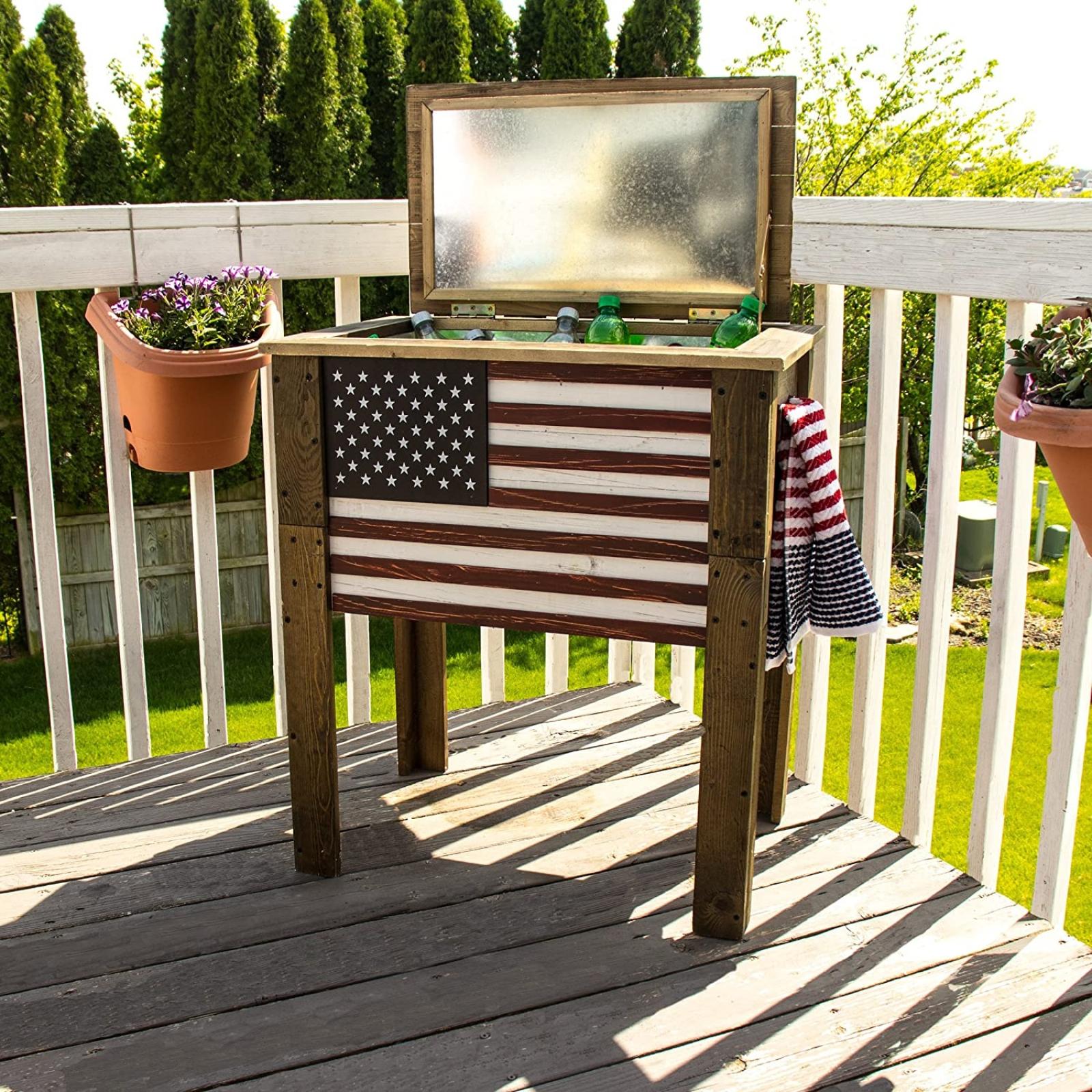 Backyard Expressions Outdoor Patio Wooden American Flag Cooler