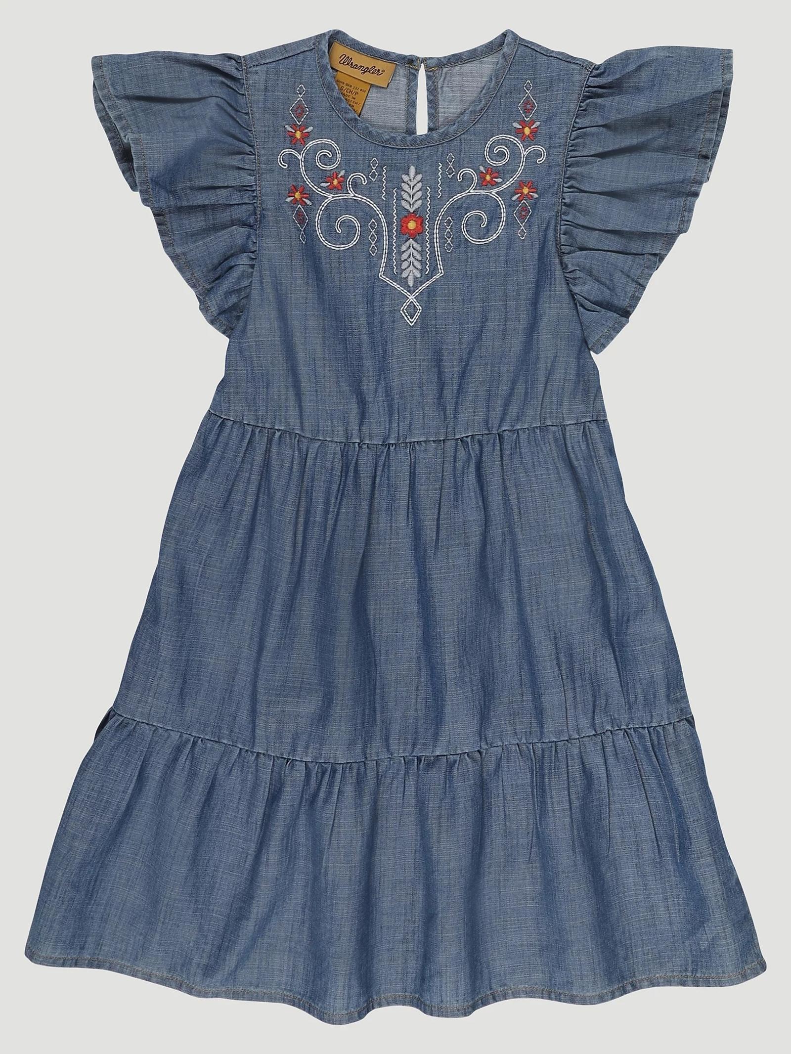 Wrangler Girls Ruffle Sleeve Embroidered Denim Dress