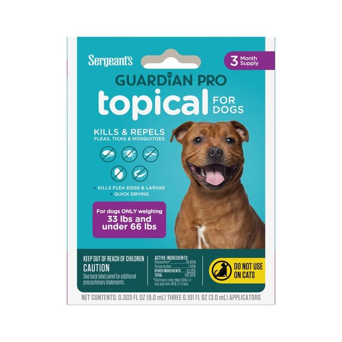 Sergeant's Guardian Pro Flea & Tick Topical for Dogs, 33- 66lbs, 3Ct