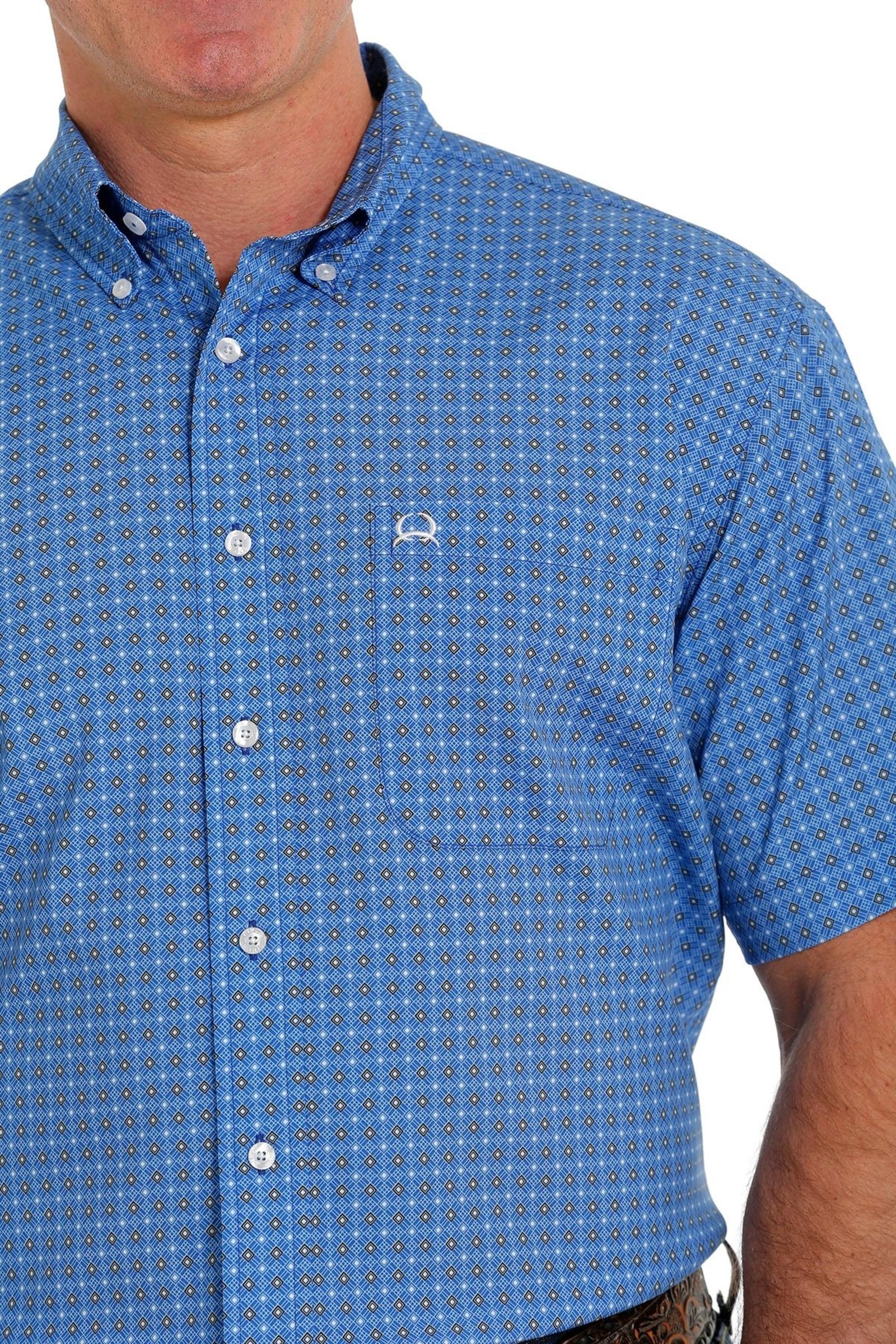 Cinch Men's Geometric Short Sleeve Button Down Shirt-Blue