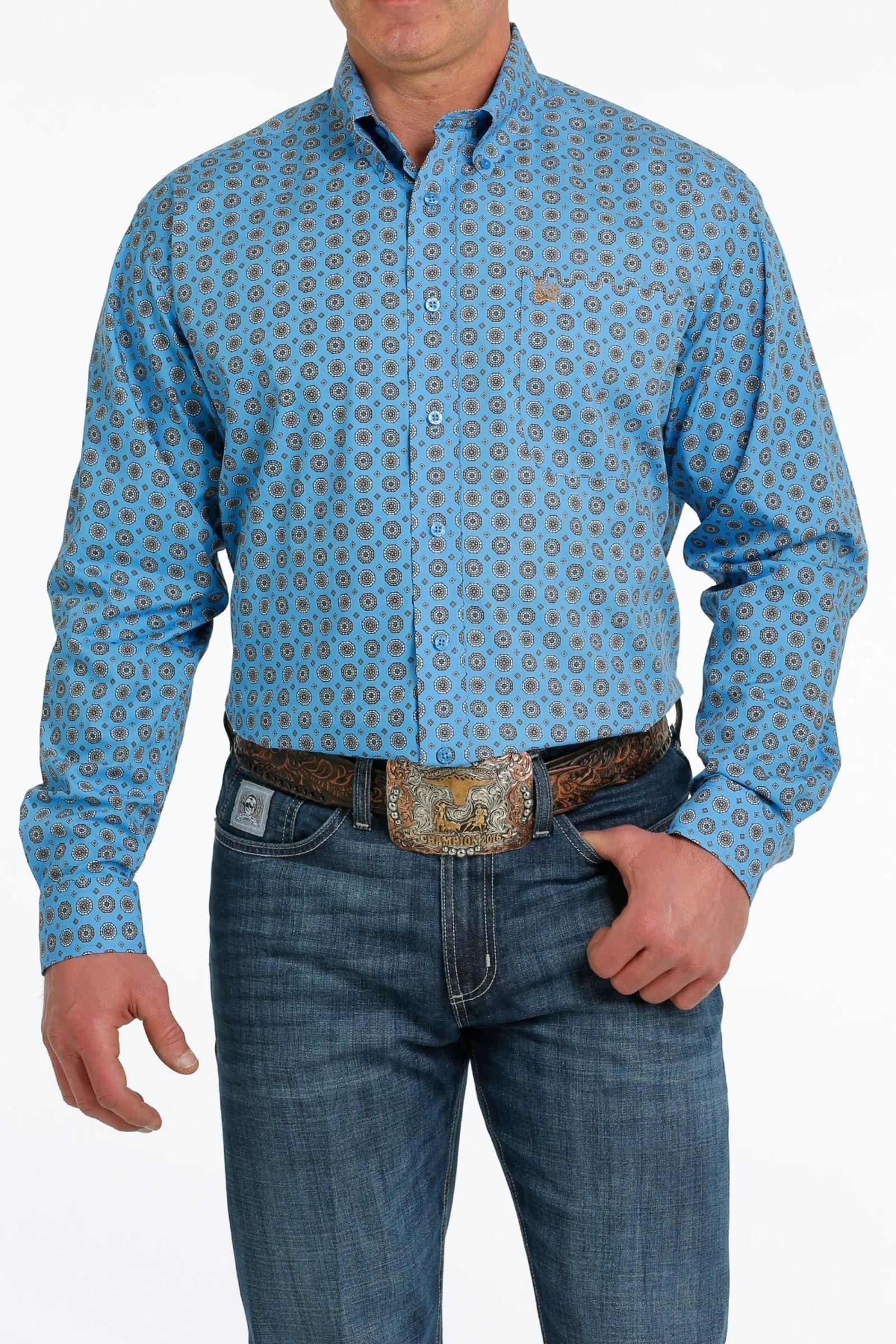 Cinch Men's Medallion Print Button Down Shirt-Blue