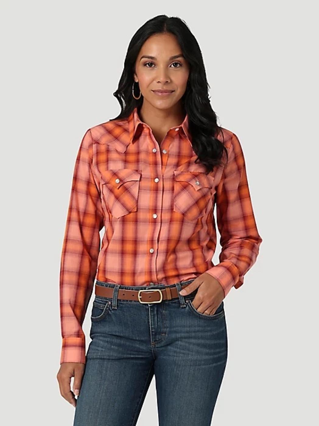 Wrangler Women's Essential Long Sleeve Plaid Western Snap Top In Orange Plaid