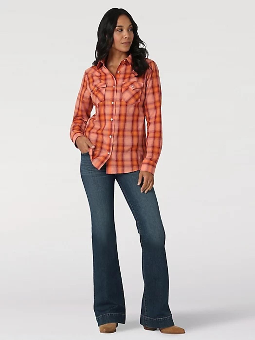 Wrangler Women's Essential Long Sleeve Plaid Western Snap Top In Orange Plaid