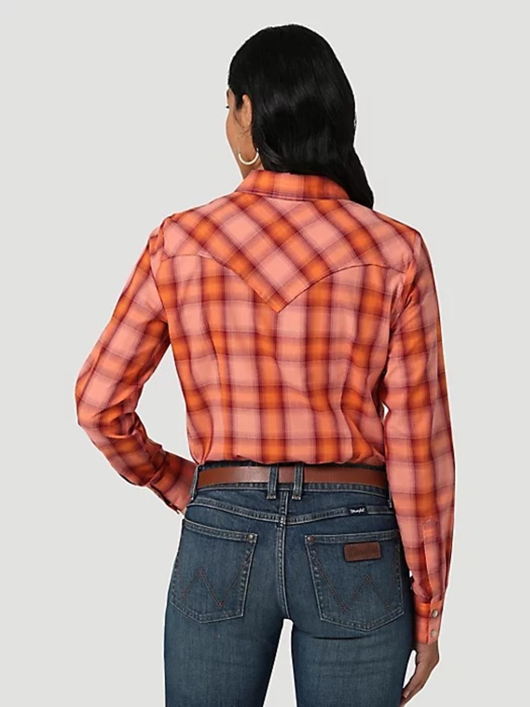 Wrangler Women's Essential Long Sleeve Plaid Western Snap Top In Orange Plaid