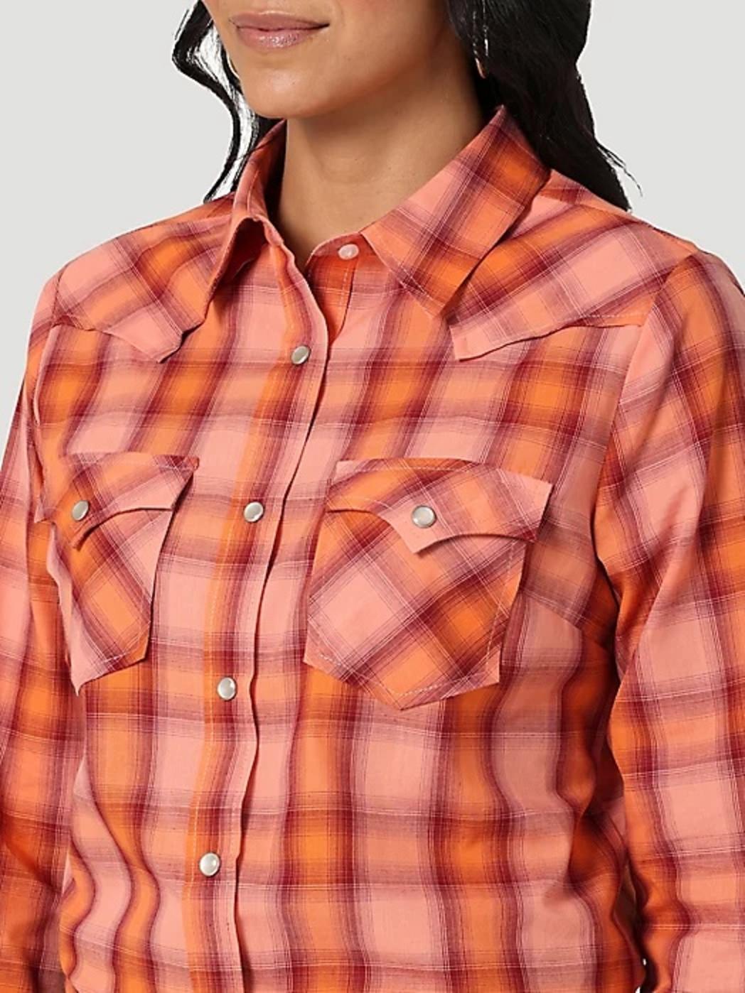 Wrangler Women's Essential Long Sleeve Plaid Western Snap Top In Orange Plaid