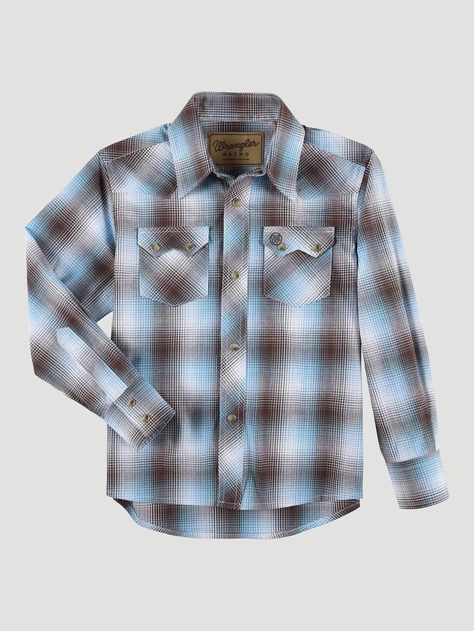  Boy's Wrangler Retro® Western Snap Plaid Shirt With Front Sawtooth Pockets In Dreamy Brown FRONT VIEW